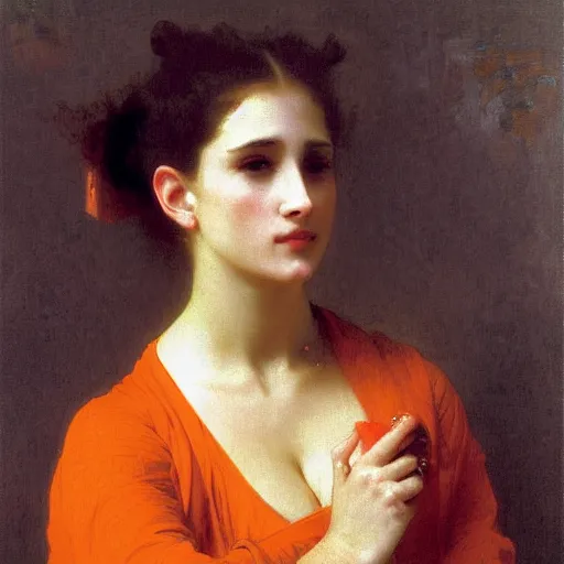 Image similar to woman with an orange and blue maximalist garment, by bouguereau
