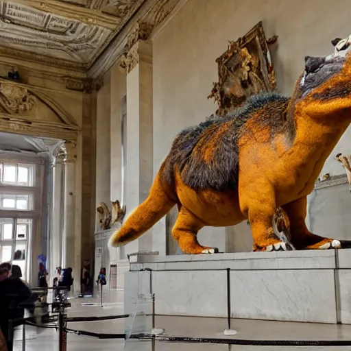 Prompt: bad taxidermy Blastoise on display at the Louvre Museum, wide angle lens