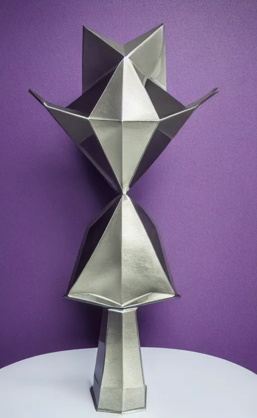 Image similar to a tall reflective very symmetrical polyhedral 3 d printed steel engineering trophy on a dark purple backdrop in a medieval themed castle in golden afternoon light, professional food photography