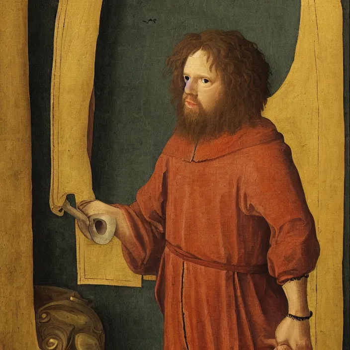 Image similar to hurley from tv show lost, early netherlandish painting