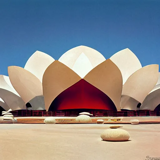 Image similar to futuristic lotus fractal temple with gold, red and white marble panels, in the desert, by buckminster fuller and syd mead, intricate contemporary architecture, photo journalism, photography, cinematic, national geographic photoshoot