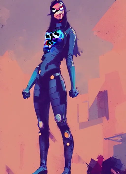 Image similar to superheroine hellcat, blue building in the background, art by ismail inceoglu