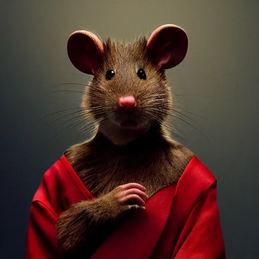 Image similar to a portrait of a human-rat hybrid with brown fur wearing a red kimono, hyper realistic, photography, film still