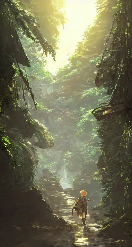 Image similar to animation concept art, Breath of the wild + studio ghibli style, Shinkai Makoto, yoji shinkawa, amazing steampunk alleyway between Japanese temples of Kyoto, mysterious, lush vegetation and fern, rule of thirds, dramatic lighting, landscape, beautiful, gorgeous, hyper detail, 8k, octane render, animated art, cinematic, trending on artstation