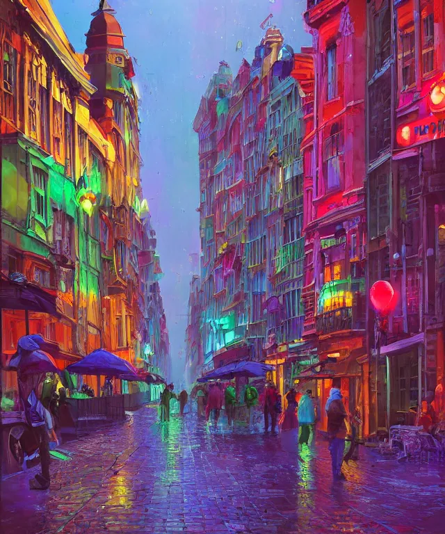 Prompt: insane perspective of colorful street sidevue from brussel with big red robot waiting, realistic shaded , humid ground, artstation, painting by moebius, disney fantasy style, people and creatures walking , volumetric light, neon lights, science fiction elements, lampposts, rainy mood