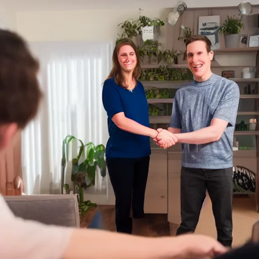 Image similar to jerma985 shaking hands with Cathy Mitchell, wide shot, 4k, professional photography, detailed