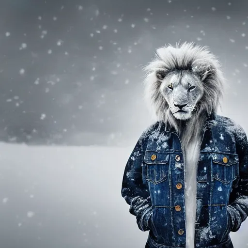 Image similar to an award winning National Geographic picture of a white lion wearing a denim Jacket in the snow by Lee Jeffries, 85mm ND 5, perfect lighting in a snow storm