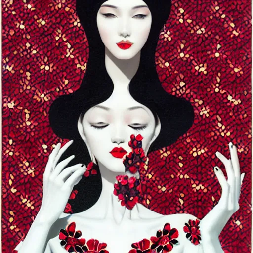 Prompt: detailed concept art painting art deco pattern black diamonds + red flowers and diamonds by hsiao - ron cheng, no humans, bizarre compositions, exquisite detail