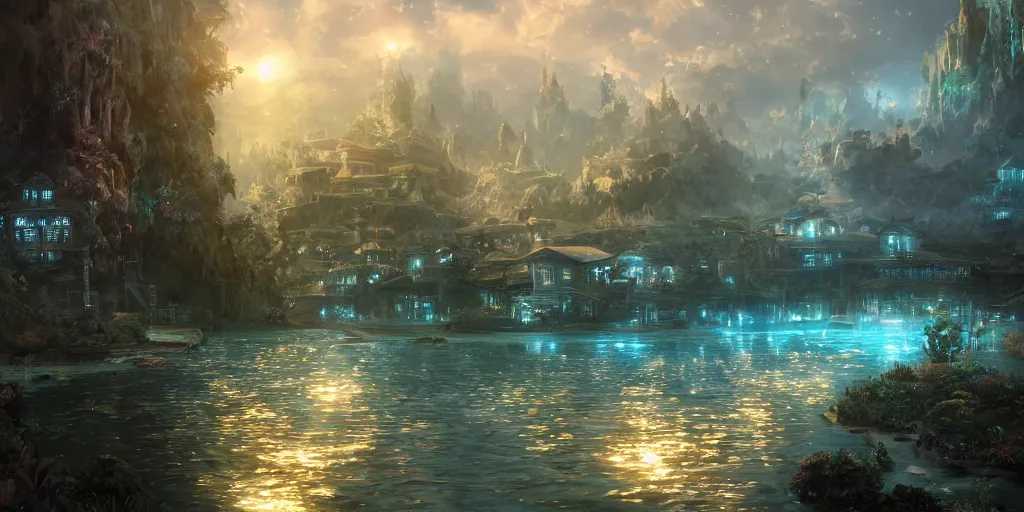 Image similar to beautiful and immersive magical town, magical buildings, bioluminescent forest surrounding, gentle rivers flowing through town, visual novel key visual, award - winning digital art on pixiv, trending on artstation - cinematic lighting, dramatic lighting, stunning and beautiful view - highly detailed, hyperrealistic, unreal engine 5, in the style of kingdom hearts