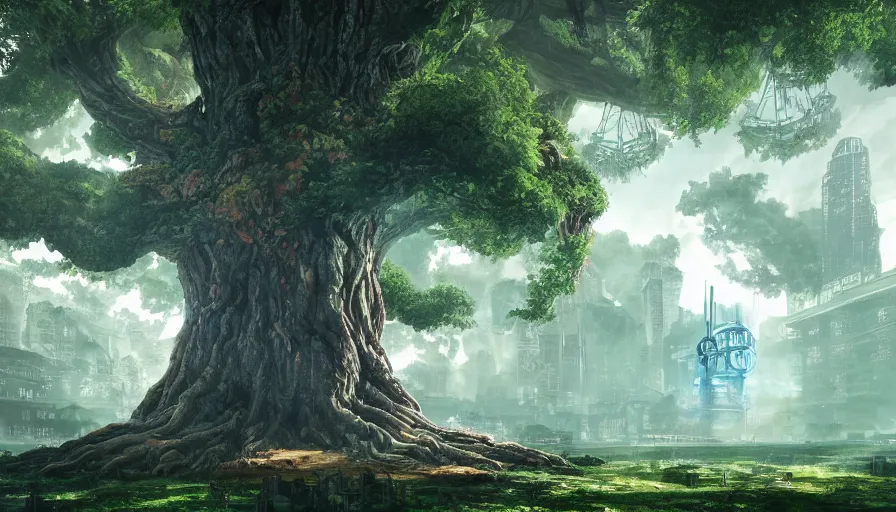 Image similar to ben lo illustration of the largest tree in the world, bioshock concept art, solarpunk, colorful, unreal engine, hyper realism, realistic shading, cinematic composition, realistic render, octane render, detailed textures, photorealistic, wide shot