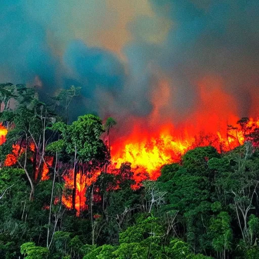 Image similar to a beautiful photo of a raging forest fire in the amazon jungle