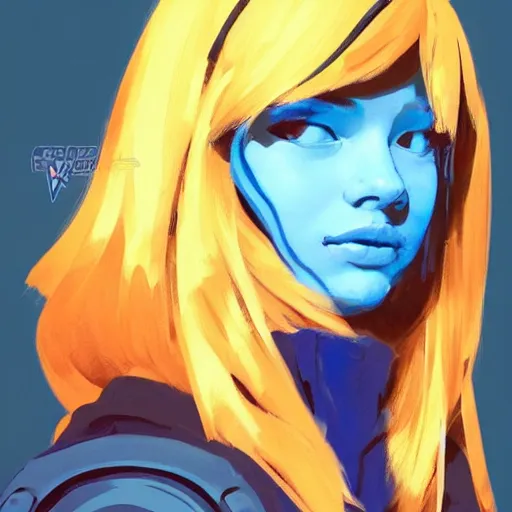 Prompt: greg manchess portrait sticker of a beautiful teen girl with blonde hair, wearing a blue hoodie, as an overwatch character, medium shot, asymmetrical, swedish, sticker, profile picture, organic painting, matte painting, bold shapes, hard edges, street art, trending on artstation, by huang guangjian and gil elvgren and sachin teng