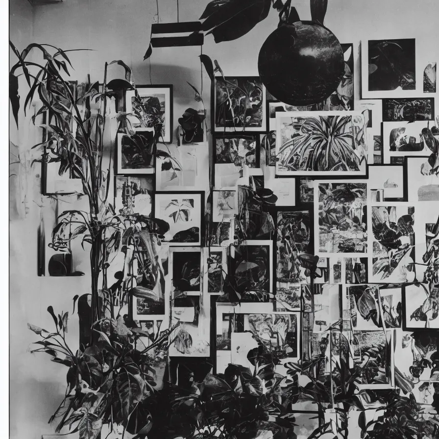 Image similar to A black and white photography of an exhibition space with objects of Sun Ra, Marcel Duchamp and tropical plants, 60s, offset lithography print, newspaper, distant shot