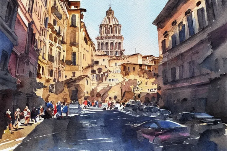 Image similar to !! watercolor!! rome in a sunny day, artwork by tooth wu, colorful contrast,!! very coherent!!, dark shadow, thick lineart