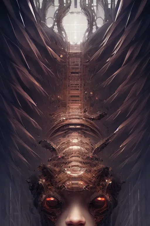 Image similar to professional concept art symmetrical portrait of a terrifying! mechanical predatory! fractal! species in a dark room by artgerm and greg rutkowski. an intricate, elegant, highly detailed digital painting, concept art, smooth, sharp focus, illustration, in the style of cam sykes.