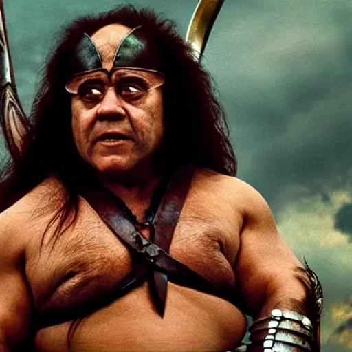 Prompt: danny devito as conan the barbarian, movie still, photorealism