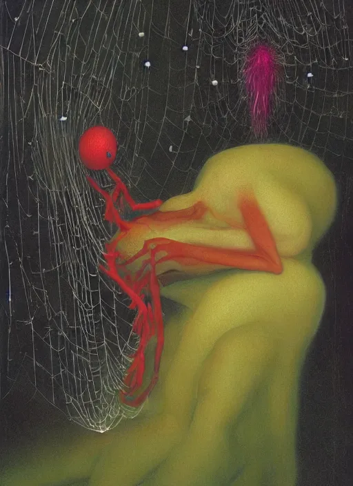 Image similar to She Eats of the Strangling Fruit and Her spiderlike gossamer glistening polyp blossoms bring iridescent fungal flowers whose spores black the foolish staring stars Edward Hopper and James Gilleard, Zdzislaw Beksinski, Mark Ryden, Wolfgang Lettl highly detailed