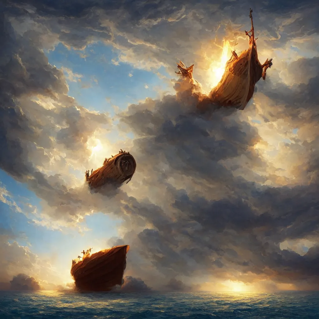 Image similar to a sending down [ of the revelation ] from him who created the earth and the lofty heavens, overdetailed art, noah's ship, by greg rutkowski, by rhads, sharp focus