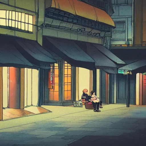 Image similar to a some people waiting in a lone bus stop in quiet dark city night in Spirited Away, high quality, high resolution,detailed