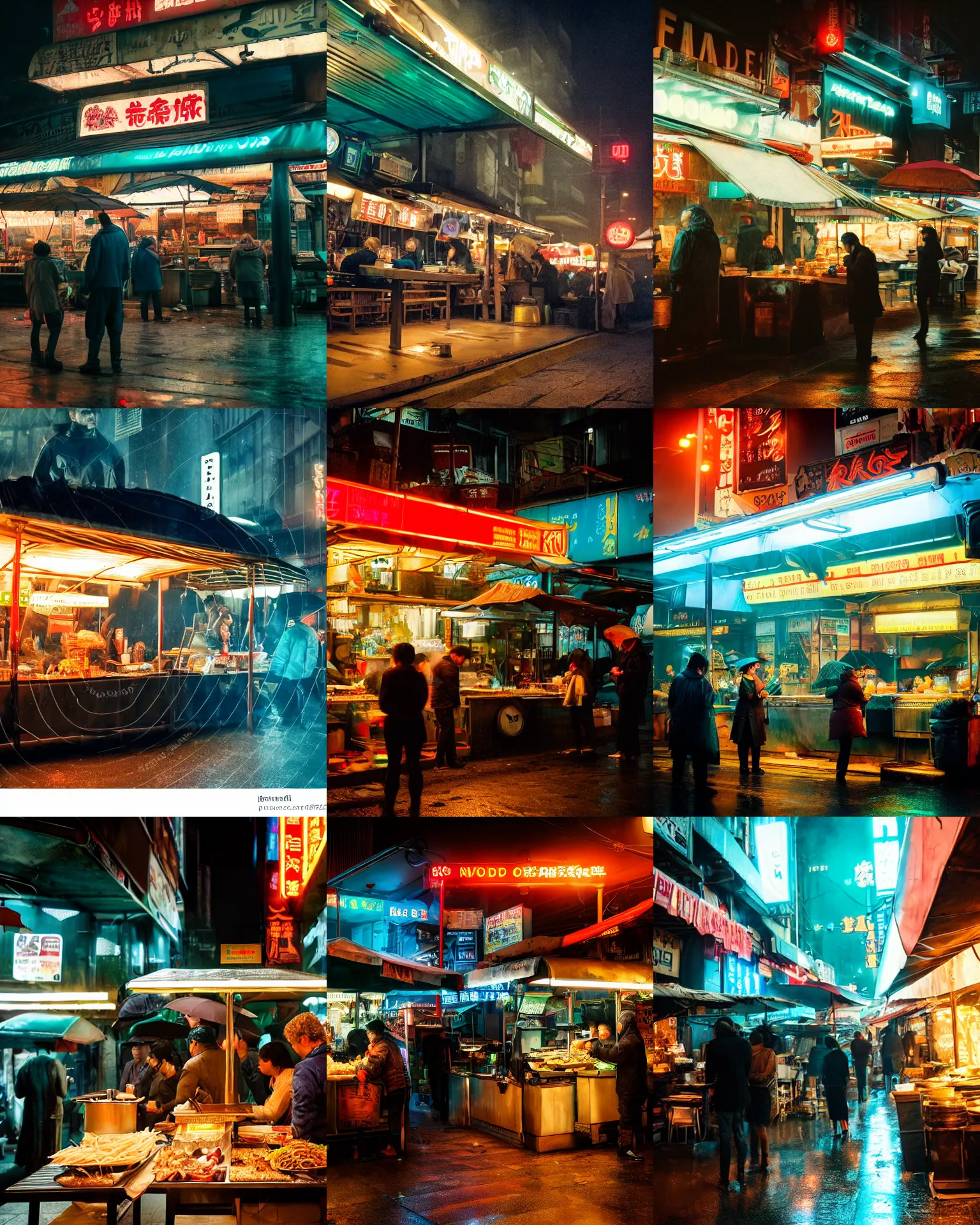 Prompt: blade runner movie still of an outdoor noodle stand, rack focus, close establishing shot, customers eating at the outdoor noodle stand, rainy night, gloomy mood, steamy, muted colors, dark teal lighting, soft dramatic lighting, 4 k digital camera