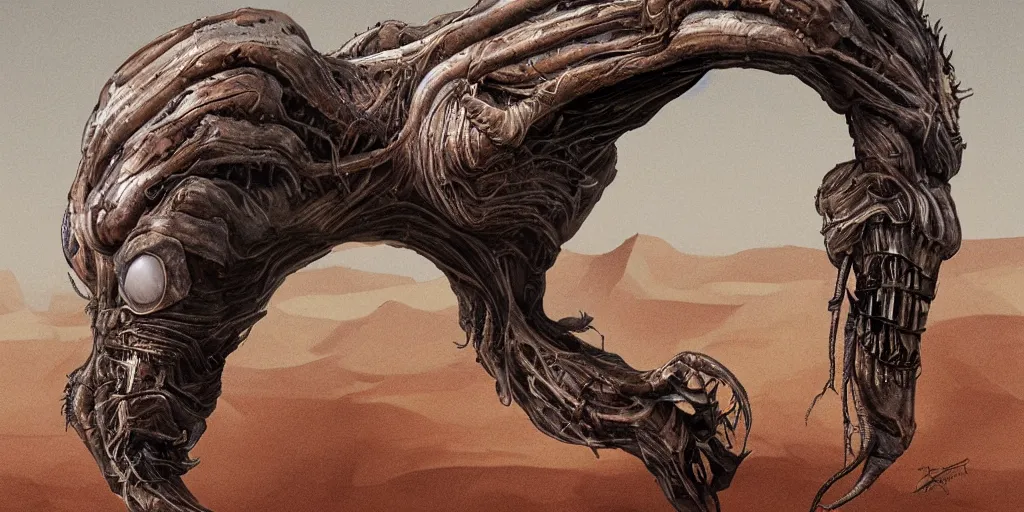 Image similar to portrait of a new alien monster discovered in the desert of Rghwzblkt, creative design, realistic detailed painting, trending on deviantart