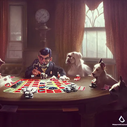 Image similar to a highly detailed matte portrait mister bean playing poker with dogs, standing at a card table, art by artgerm and greg rutkowski and alphonse mucha, volumetric lighting, octane render, 4 k resolution, trending on artstation, masterpiece