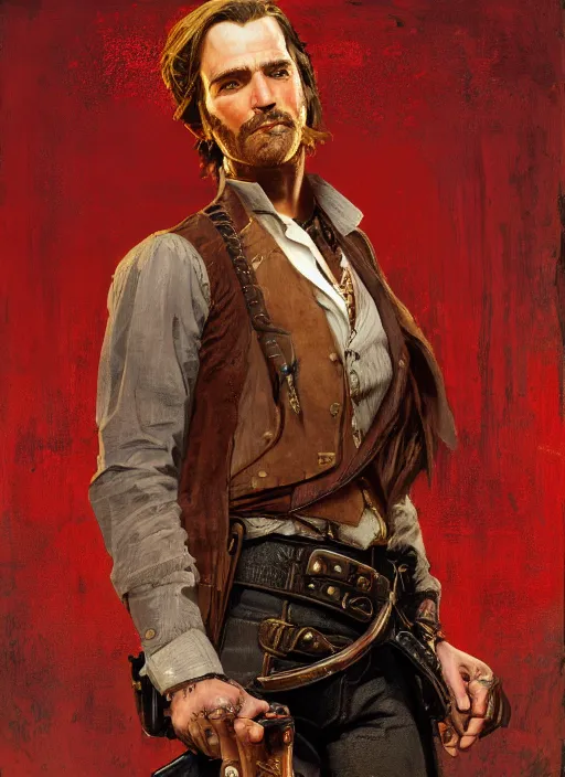 Image similar to Old west smug gunslinger (rdr2, laurie greasley). Iranian orientalist portrait by john william waterhouse and Edwin Longsden Long and Theodore Ralli and Nasreddine Dinet, oil on canvas. Cinematic, hyper realism, realistic proportions, dramatic lighting, high detail 4k