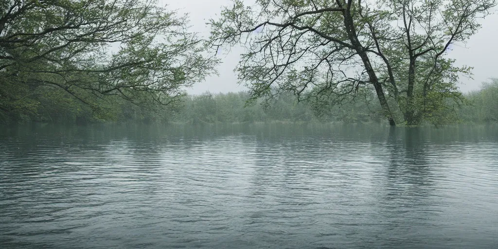 Image similar to a infinitely long rope zig - zagging across the surface of the water into the distance, rope floating submerged rope stretching out towards the center of the lake, a dark lake on a cloudy day, atmospheric, color film, trees in the background, hyper - detailed photo, anamorphic lens