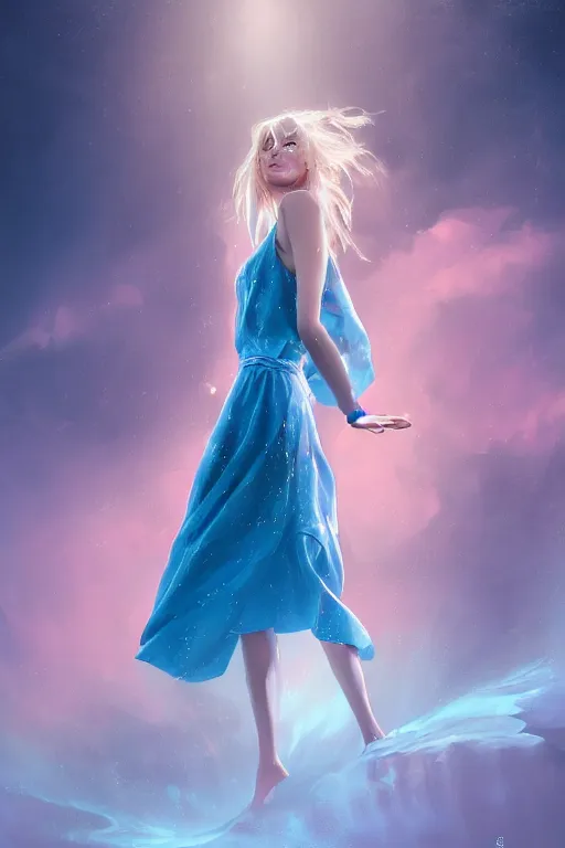 Image similar to detailed portrait of a beautiful blonde haired woman with sparkling blue eyes, elegant, blue cotton dress, background is a fountain in the park, in the style of peter mohrbacher, artgerm, dramatic lighting and composition, pink fog background, octane render, trending on artstation, concept art 8 k