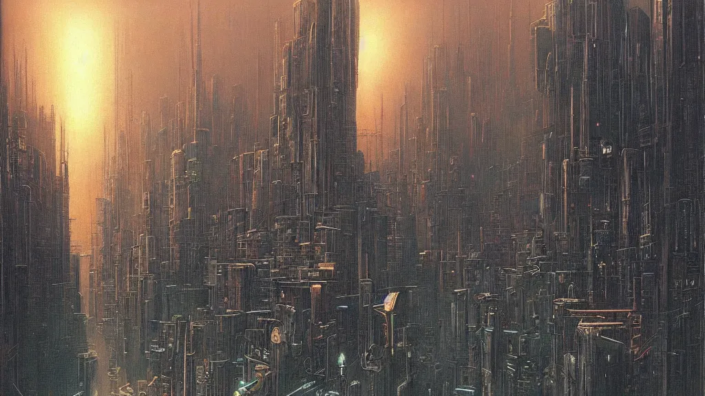 Image similar to Beautiful Painting of a cyberpunk city by Zdzisław Beksiński