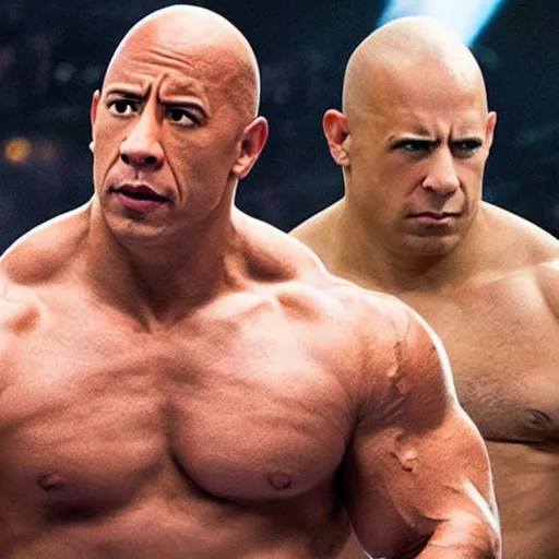 Prompt: wrestlemania starring dwayne the rock johnson as vin diesel