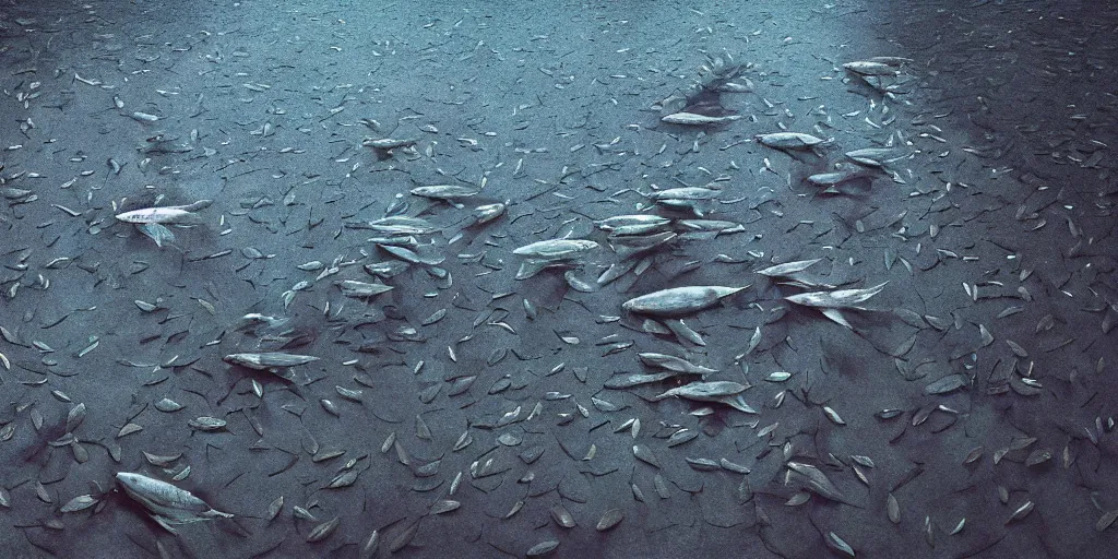 Prompt: dead fish falling from the sky inside downtown Vancouver by zdzislaw beksinski, detailed lighting, high quality, sharp focus, intricate, octane render, unreal engine 5, artstation, 4k, 25mm film grain