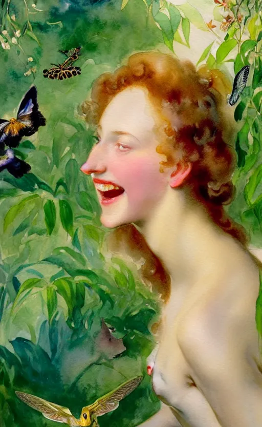 Image similar to the face of a young woman with marble complexion, angelic features, dancing curls around her face, her head raised in rapture, laughing, symmetrical eyes, watercolor by john singer sargent, background lush vegetation, insects and birds, 8 k uhd