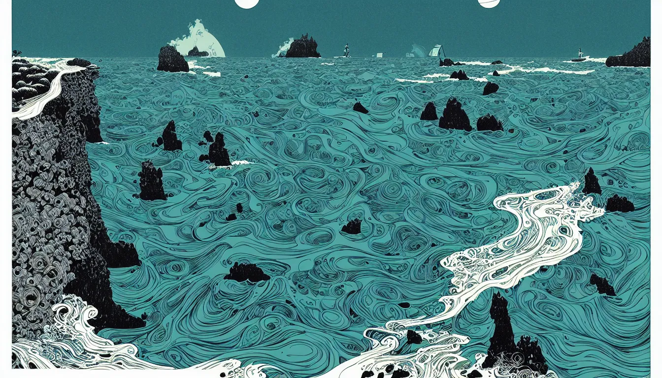 Image similar to oregon coast by balmy enso, jamie hewlett, nicolas delort, moebius, victo ngai, josan gonzalez, kilian eng