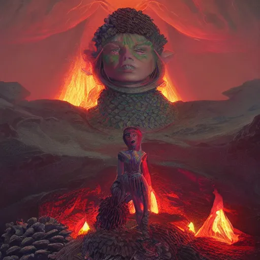 Image similar to illustrated portrait vogue designer Master Chief Sacrificing the Elves to a Volcano Volcano God Volvo Altar made of pinecones and fire kenny scharf giorgio de chirico marc simonetti greg rutkowski james gilleard anton semenov