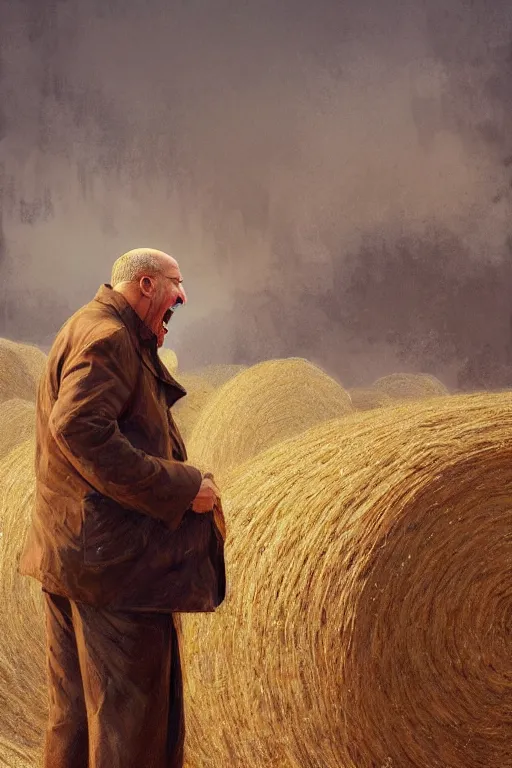 Image similar to an old man yelling at a pile of hay, realistic painting, symmetrical, highly detailed, digital painting, artstation, concept art, smooth, sharp focus, illustration, cinematic lighting, art by artgerm and greg rutkowski and alphonse mucha