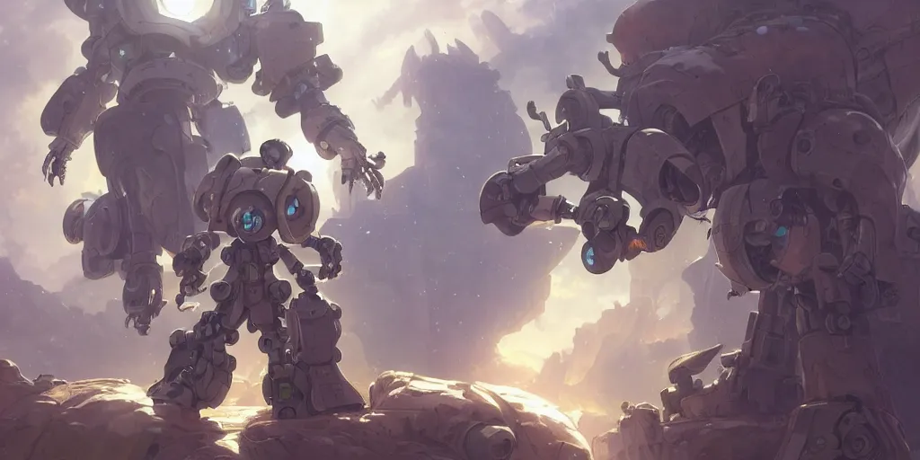 Image similar to robot mech from made in abyss by akihito tsukushi, backlight, centered rim lighting, deep focus, d & d, fantasy, intricate, elegant, highly detailed, digital painting, artstation, concept art, matte, sharp focus, illustration, hearthstone, art by artgerm and greg rutkowski and alphonse mucha