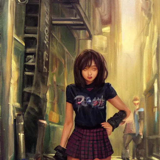 Image similar to a perfect, realistic professional 80s oil painting of a Japanese schoolgirl posing in a dystopian alleyway, style of Marvel, full length, by a professional American senior artist on ArtStation, a high-quality hollywood-style concept