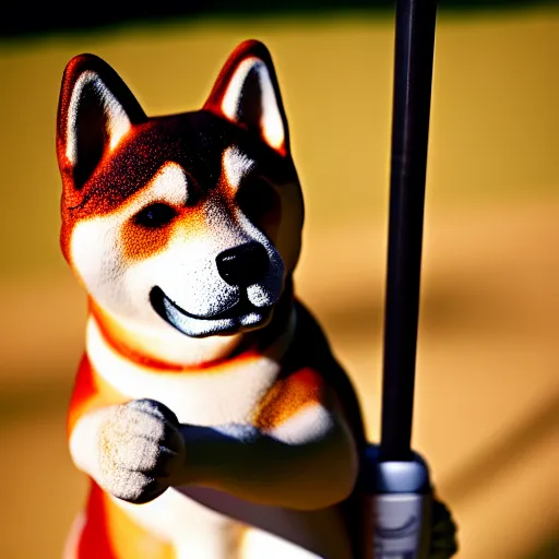 Image similar to close - up photo of shiba inu holding huge mace in paws, standing vertically, ( eos 5 ds r, iso 1 0 0, f / 8, 1 / 1 2 5, 8 4 mm, postprocessed, sharp )