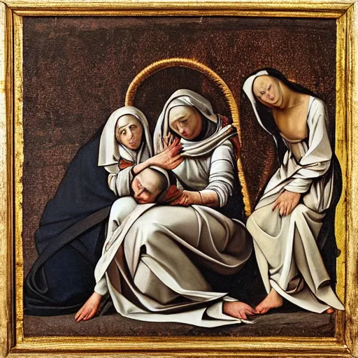 Image similar to 1 7 th century biblical painting of 3 women mourning at the tomb of jesus, 2 angels, style of caravaggio,