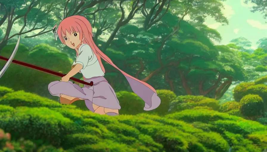 Image similar to 8 k screencap of a girl with a sword on a jardim botanico anime, by hayao miyazaki, studio ghibli, curitiba background extremely high quality artwork