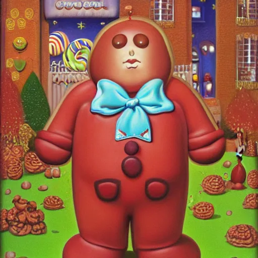 Image similar to portrait of a depressed gingerbread man living in candyland painted by fernando botero and mark ryden and hikari shimoda, lowbrow pop surrealism
