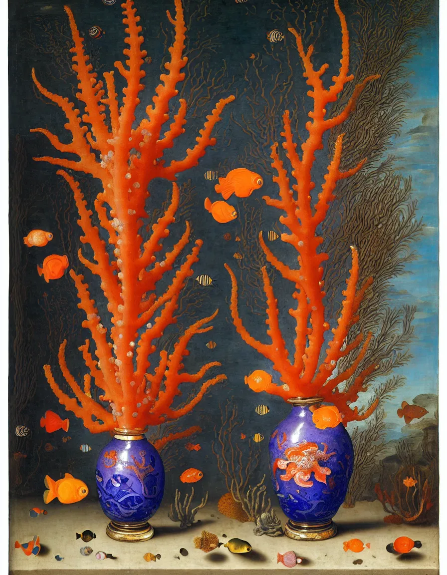 Image similar to bottle vase of coral under the sea decorated with a dense field of stylized scrolls that have opaque outlines enclosing mottled blue washes, with orange shells and purple fishes, ambrosius bosschaert the elder, oil on canvas