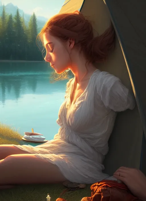 Prompt: full portrait of mage traveller resting at her tent at a lake. intricate, elegant, highly detailed, digital painting, artstation, concept art, smooth, sharp focus, illustration, art by artgerm and greg rutkowski, 4 k