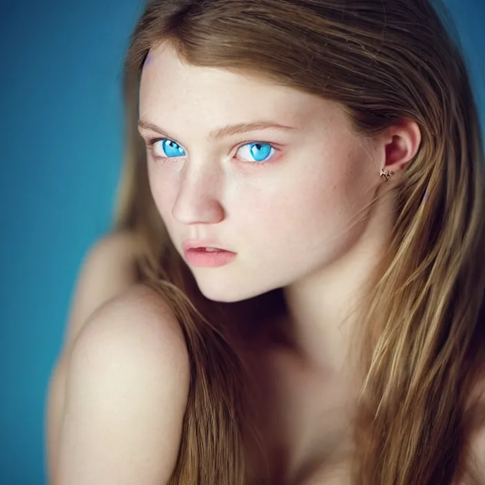 Prompt: Kodak Portra 400, 8K, highly detailed, britt marling style 3/4 extreme closeup portrait of a extremely beautiful girl with blue eyes and light brown hair, clear eyes, four fingers maximum, high light on the left, non-illuminated backdrop, illuminated by a dramatic light, Low key lighting, light dark, High constrast, dramatic , nina masic ,Flora Borsi, dark background, high quality, photo-realistic, 8K