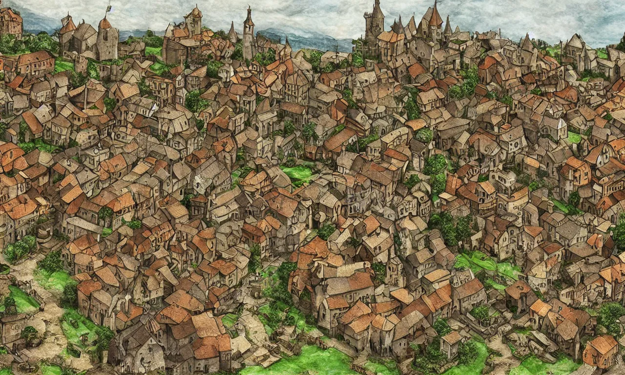 Prompt: beautiful medieval village diorama, high detailed drawing, digital art