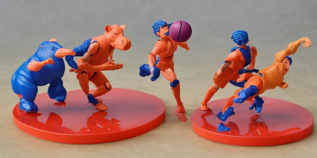 Prompt: plastic action figure hippos playing basketball