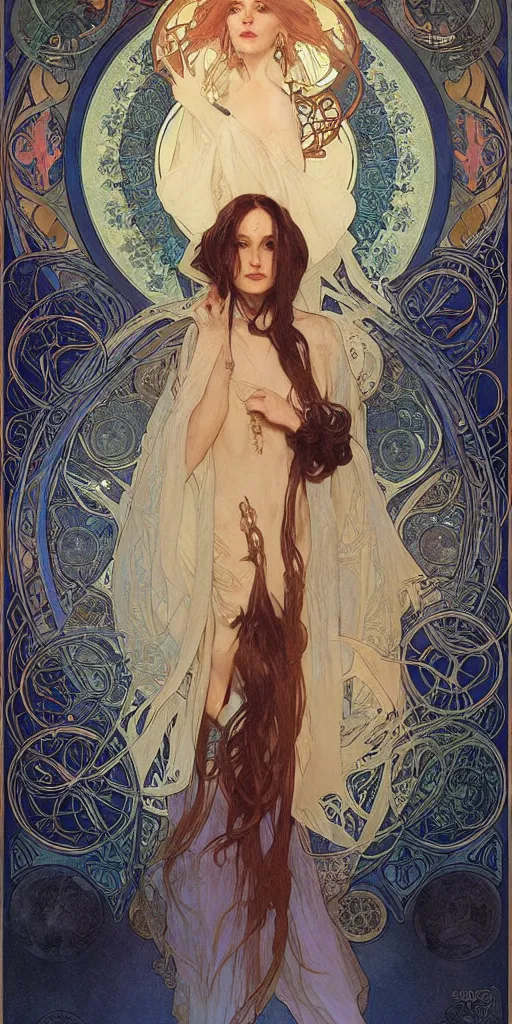 Image similar to Beautiful female wizard with blue rose robes wearing an intricate arcane makeup searching for her soul, digital art, art by Alphonse Mucha, Greg Rutkowski, Alex Ross, WLOP