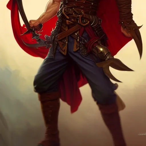 Image similar to full body shot of male pirate, D&D, handsome, amber eyes, muscular, fantasy, intricate, long hair, red hair, elegant, highly detailed, digital painting, artstation, concept art, smooth, sharp focus, illustration, art by artgerm and greg rutkowski and alphonse mucha