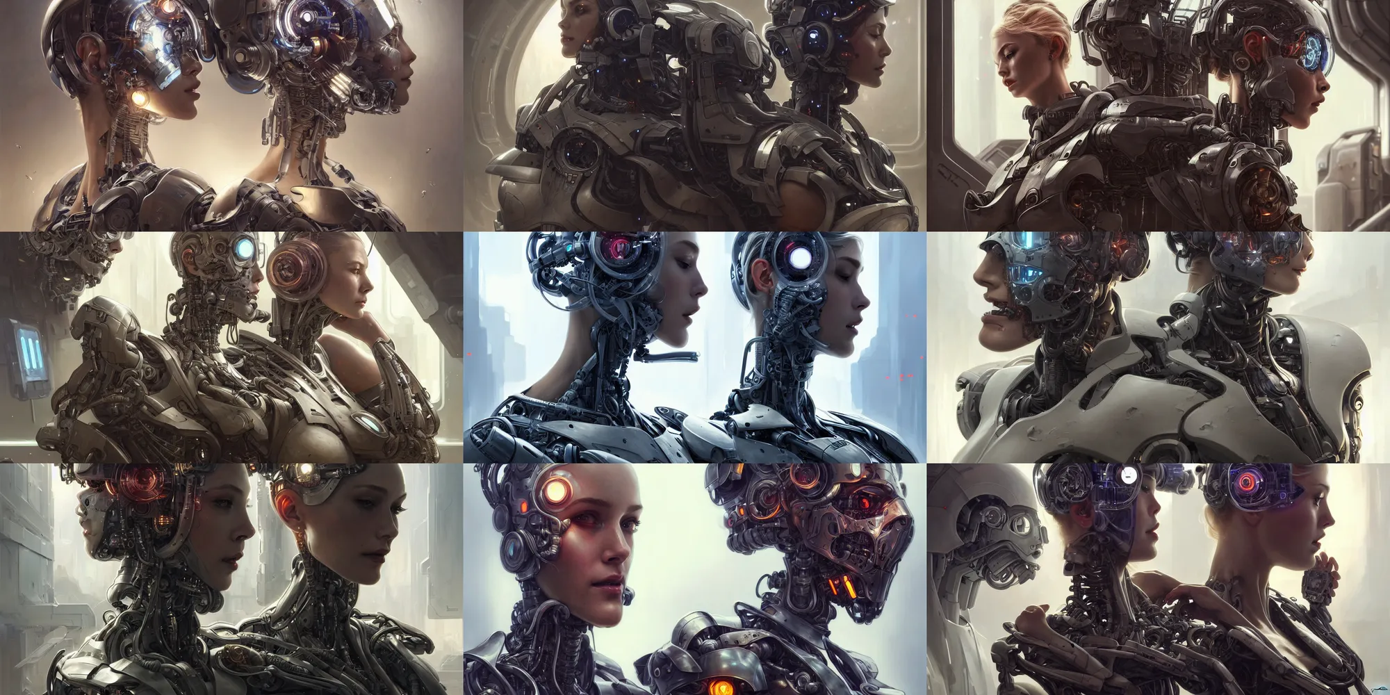 Prompt: Ultra realistic illustration, beautiful alluring damaged military cyborg being put back together in an super advanced military medical bay, gorgeous face, cyberpunk, sci-fi, fantasy, intricate, elegant, highly detailed, digital painting, artstation, concept art, smooth, sharp focus, illustration, art by artgerm and greg rutkowski and alphonse mucha